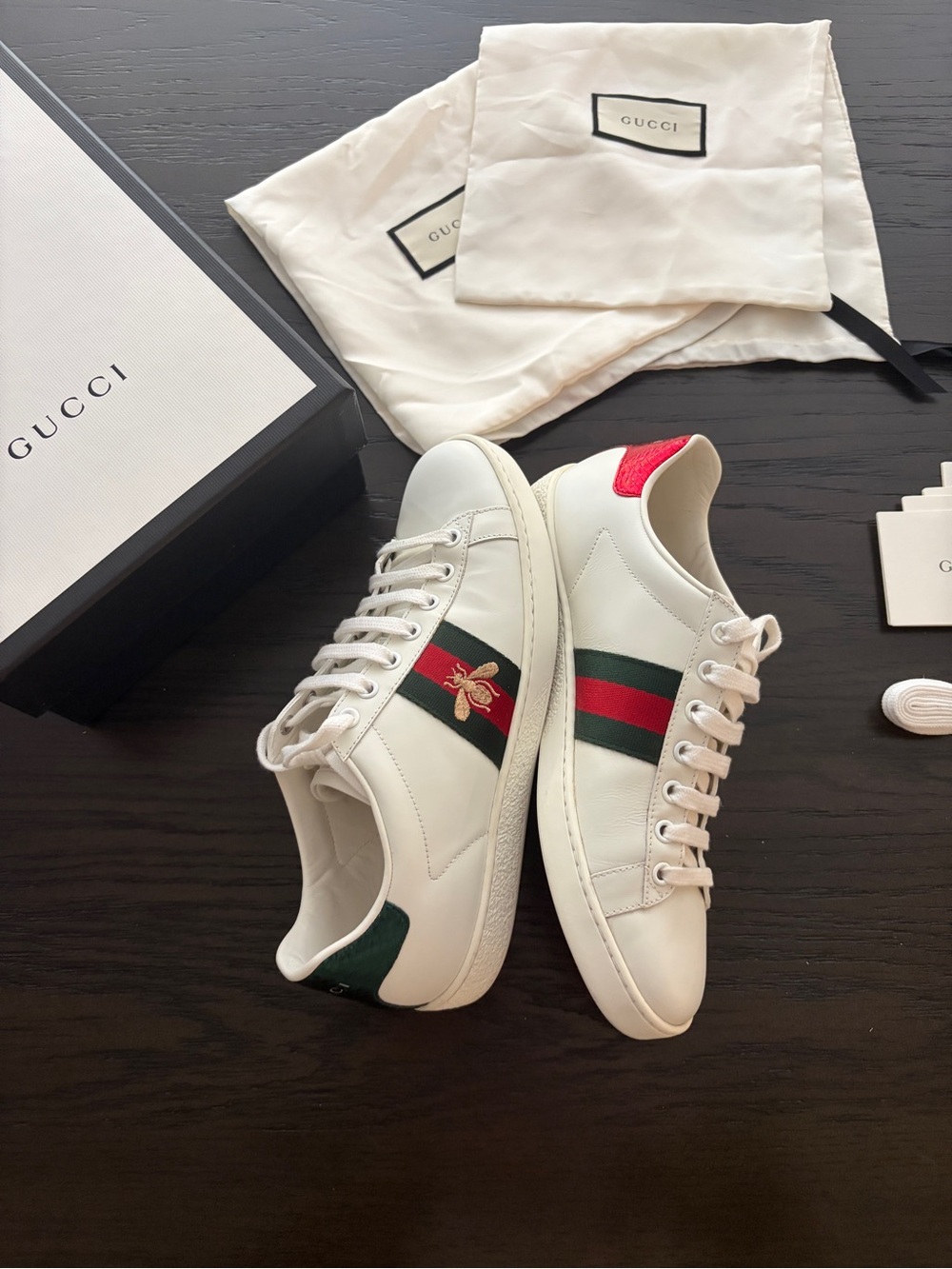 Authentic Gucci Ace Bee Women's Sneakers - White Leather Low-Top Size 38 (US 8)